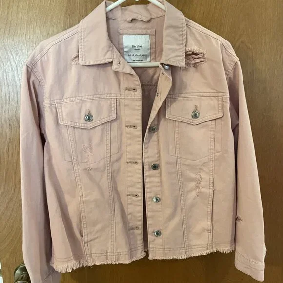 Bershka Denim Women’s Distressed Button Up Jean Jacket Size XS Light Pink EUC - Picture 3 of 6
